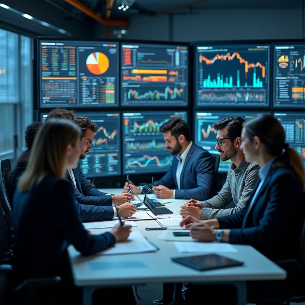 Equipo trabajando en análisis financiero